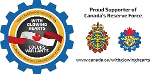 With Glowing Heats program logo accompanied by the text Proud Support of Canada's Reserve Forces and a website url