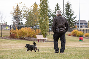 Man walking dog in Dodger Dog Park