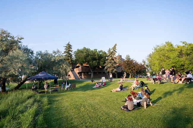 People sitting in a park watching a musician