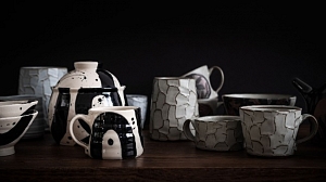 Examples of Heather Shepherd's pottery, including mugs, pots and vases.