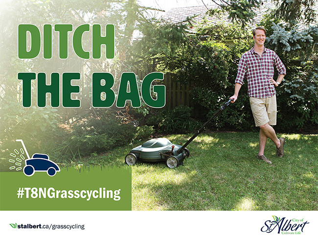 Grasscycling Lawn Sign 1 - Proud person leaning on mower