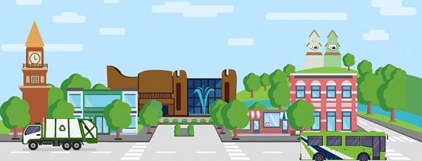Downtown St. Albert with a bus and garbage truck driving down the road