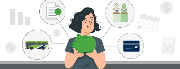 Person holding piggy bank with icons representing expenses, reporting, planning and savings