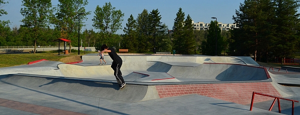 Riders at the new Woodlands Skatepark in Saint Albert, Alberta