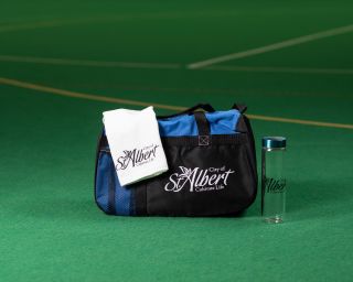 An image of a City of St. Albert gym bag, towel and water bottle