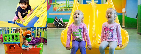 Banner image with three photos; one with two girls sitting on the end of slides; one with a little girl climbing a playground and the last of two boys playing in a ship