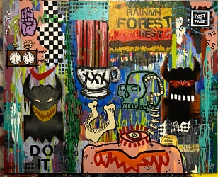 Head + Shoulders, 2022. Acrylic on canvas, 48x60.” Artwork by Lonigan Gilbert. A colourful collage, very abstract.