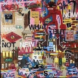 Life After Covid, 2021. Acrylic on canvas, 48x48.” Artwork by Lonigan Gilbert. A colourful collage, very abstract.