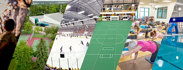 A collage of many recreation facilities and people exercising