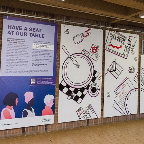 A photo of the 2023 International Women's Day art installation 'Have a seat at our table'