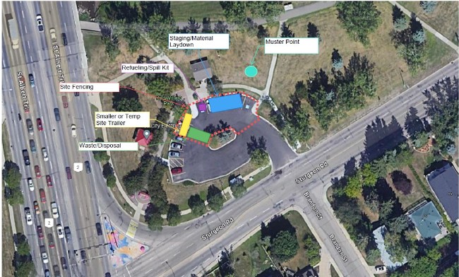 Map that shows laydown area for construction work in parking lot.