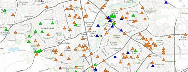 A map showing construction areas around St. Albert