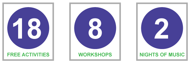 Infographic showing - 18 Free activities; 8 workshops; 2 nights of music