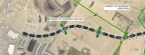 An aerial photographed overlayed with the planned route for Neil Ross Road