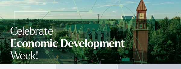 Celebrate Economic Development Week. Image of the skyline of St. Albert with the clock tower in the forefront.