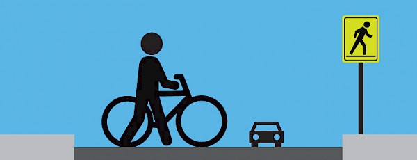 Illustration of person walking bike across a street
