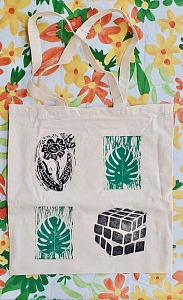 Tote decorated with block print designs