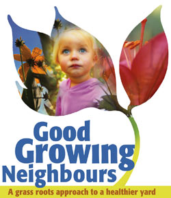 Illustration of a flower shape with the picture of a little girl in it and the words - Good Growing Neighbours - A grass roots approach to a healthier yard