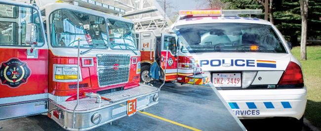 A split collage showing a firetruck and an RCMP police car