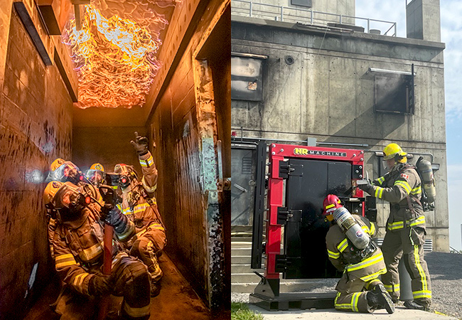 Firefighters in full gear in a hallway with fire on the roof above them