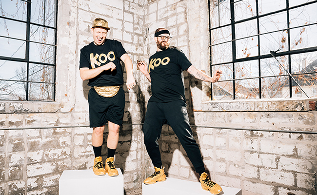 Koo Koo standing on white blocks