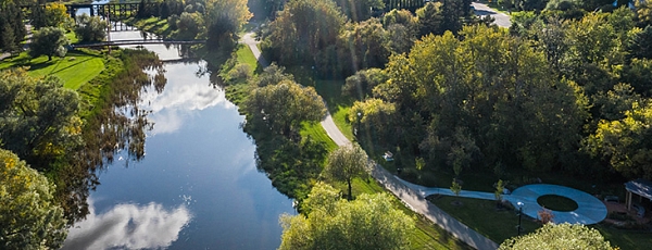 Aerial view of the Healing Garden and Sturgeon River