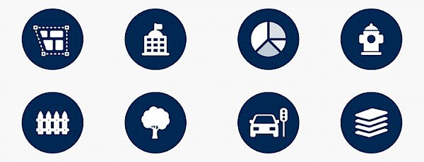 Eight circles containing different Open Data category icons