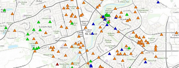 A map showing construction areas around St. Albert